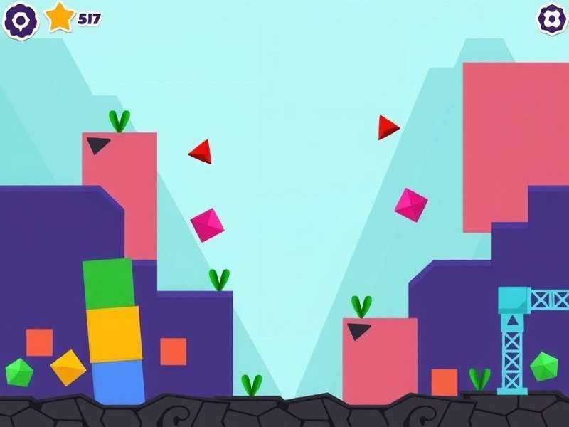 Geometry Dash gameplay on a vibrant screen showing colorful geometric obstacles