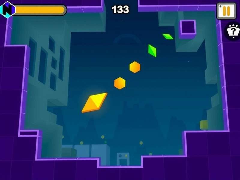 Geometry Dash gameplay on a vibrant screen with geometric shapes and colors