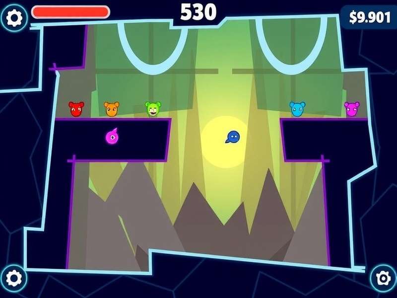 Geometry Dash gameplay screenshot showing colorful obstacles and icons