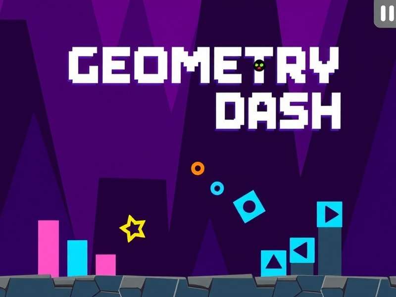 Close-up of smartphone showing Geometry Dash gameplay with geometric shapes
