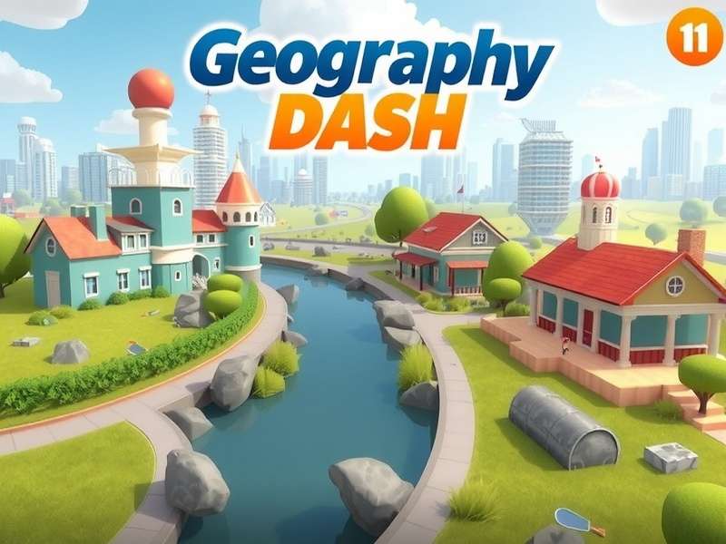 Geography Dash game banner showing rhythm-based geography gameplay with Geometry Dash style